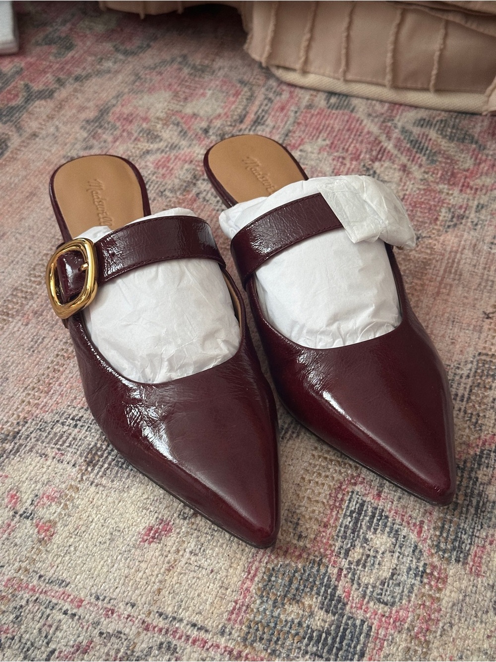 Madewell Burgundy Patent Pointed Mary Jane Mules with Gold Buckle - Picture 5 of 9